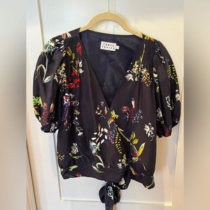 Tanya Taylor Navy Print Silk Wrap Top